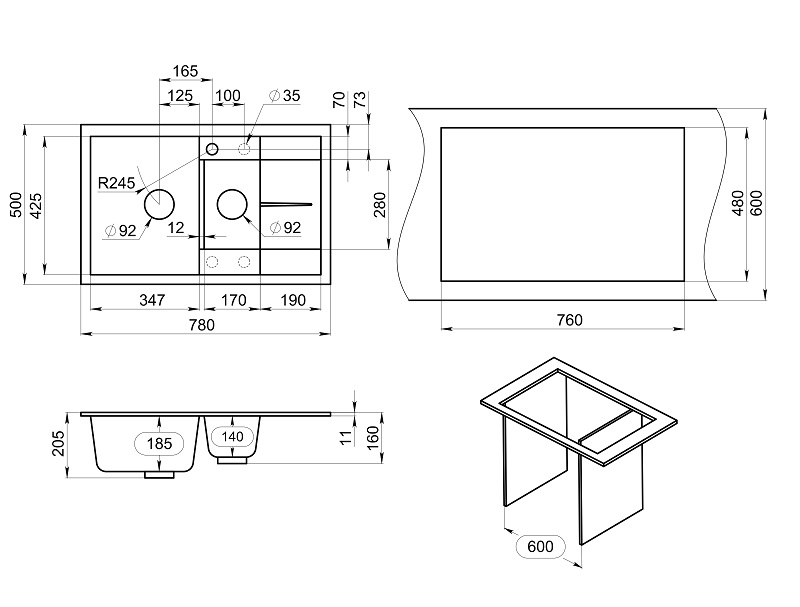 7802, АЛЮМИНИУМ, кухонная мойка, кварц